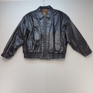 FoxRun Vintage Leather Bomber Jacket Mens Medium Black Full Zip Elastic Waist